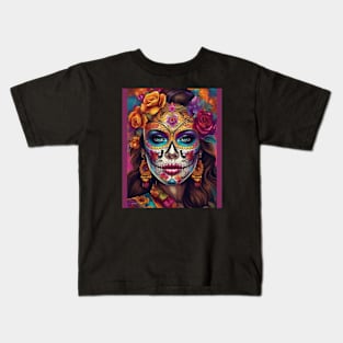 Colorful Remembrance: Woman's Stunning Sugar Skull Makeup Kids T-Shirt